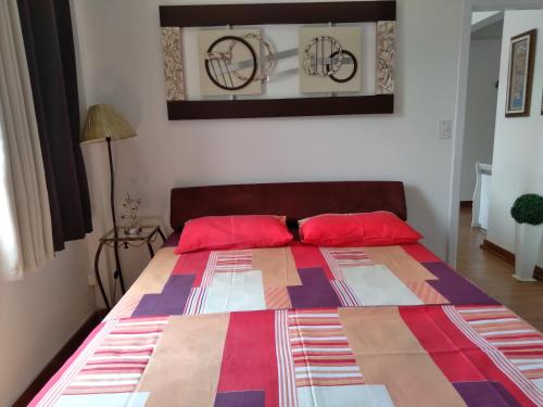 a bed with two red pillows in a bedroom at Apartamento da Maria Eunice in Poços de Caldas