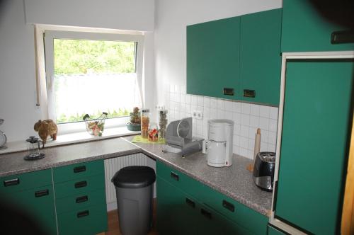 ヴィンターベルクにあるFerienwohnung Klaukeの緑のキャビネットと窓付きのキッチン