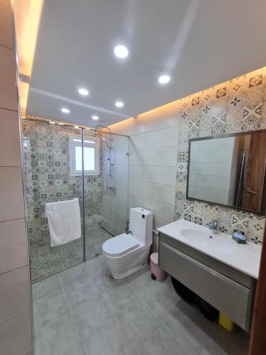 uma casa de banho com um WC, um lavatório e um chuveiro em Tonny House em La Marsa