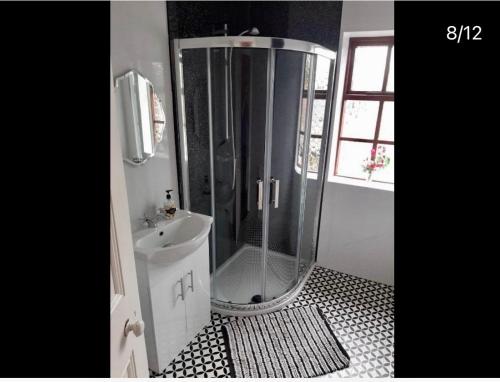 a bathroom with a shower and a sink at Railway Bar Apartment in Poyntz Pass