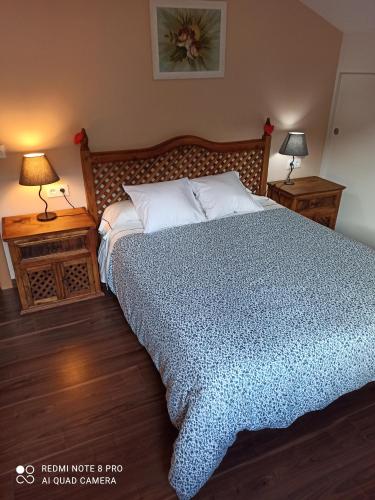 1 dormitorio con 1 cama con edredón azul y 2 lámparas en Apartamento Llorens, en Arasán