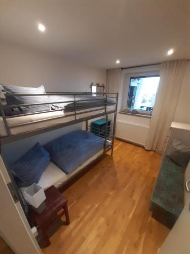 a room with two bunk beds and a window at FeWo für 2-6 Personen im Grünen in Freudenberg