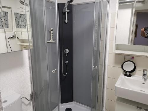 a shower with a glass door in a bathroom at Ferienwohnung Olpe Biggesee in Olpe