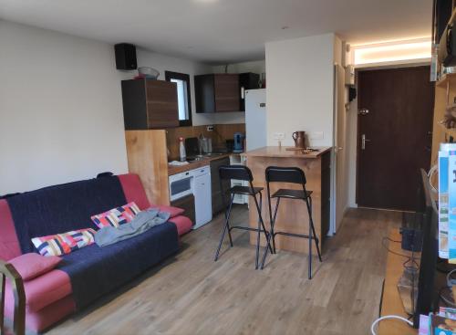 a living room with a couch and a kitchen at Appt Seignosse le Penon - plages commerces à pied in Seignosse