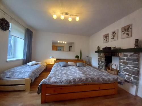 two beds in a bedroom with a fireplace at Chalupa Nela apartmány Háj u Loučné pod Klínovcem in Loučná pod Klínovcem