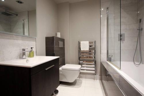 a bathroom with a sink and a toilet and a shower at Stylish 2 bedroom self-contained apartment in the heart of Clifton Village in Bristol