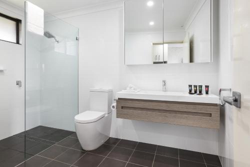 uma casa de banho com um WC, um lavatório e um chuveiro em The Duck Inn Apartments em Tamworth