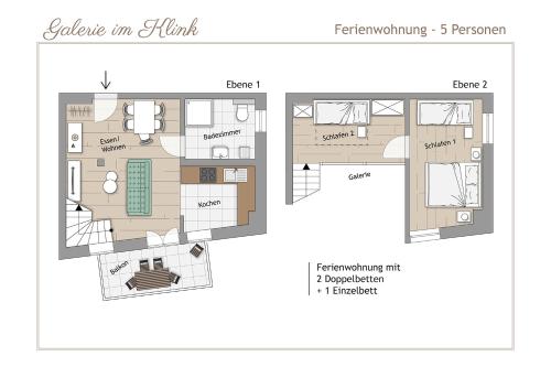a floor plan of a house with furniture at Ferienwohnungen Galerie im Klink in Quedlinburg