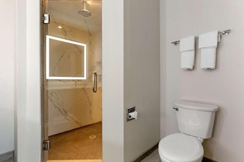 a bathroom with a toilet and a shower with a window at Best Western Plus Executive Residency Phoenix North Happy Valley in Phoenix