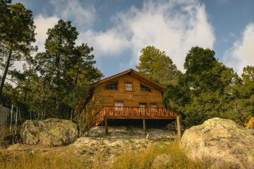 a log cabin in the woods with rocks and trees at Wooden Inn - Cabañas Boutique y Bubble Glamping en Creel in Creel