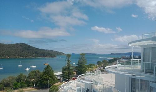 a view of a lake from a building at Ettalong Beach Luxury Apartments in Ettalong Beach