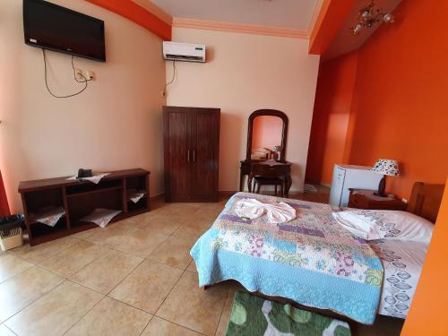a bedroom with a bed and a tv on the wall at Hotel El Cristo in Cobija