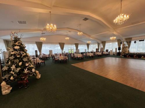 a ballroom with a christmas tree and a dance floor at Conacul Domnesc in Suceava