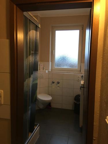 a bathroom with a toilet and a window at Pension Alis Augsburg in Augsburg