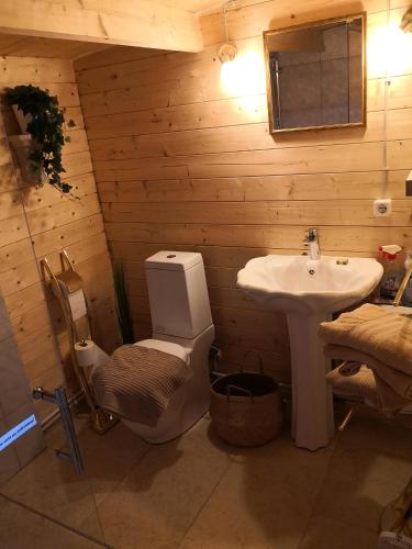 ห้องน้ำของ 25 qm Holz Bungalow, Garten-Grill, Gehoben, Optimiert, Massivholzbett