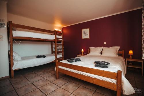 een slaapkamer met 2 stapelbedden in een kamer bij Le Brocard des Fagnes - 16 pers Malmedy in Malmedy