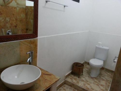 a bathroom with a sink and a toilet and a mirror at Puri Oka Beach Bungalows in Candidasa