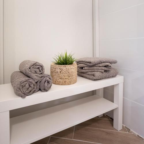 a bathroom shelf with towels and a plant on it at APARTMENT SAPICA in Solkan