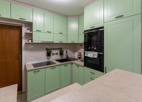 a green kitchen with green cabinets and a sink at Central Park Home Spa in Arandjelovac