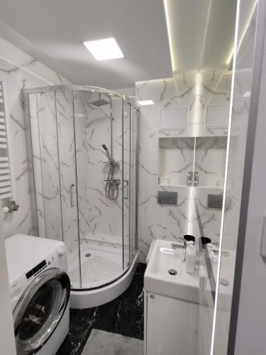 ノヴィ・ソンチにあるApartament pod Zamkiemの白いバスルーム(シャワー、洗濯機付)
