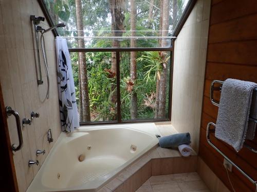 eine Badewanne im Bad mit Fenster in der Unterkunft Lake Russell Retreat in Emerald Beach