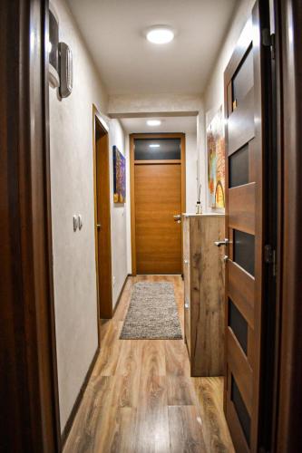 a hallway with a door with a rug and a hallwayngthngthngthngthngth at Avio Lux Apartmani in Novi Pazar