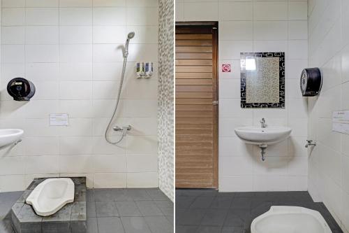 two pictures of a bathroom with a toilet and a sink at OYO 90777 D’river Guest House in Bandung