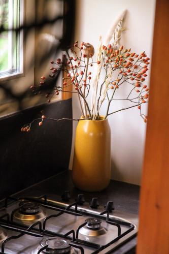 a yellow vase sitting on top of a stove at Wijngaard Saalhof in Wognum