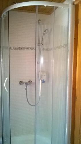 a shower with a glass enclosure in a bathroom at Villa Giulia Vendégház in Verpelét