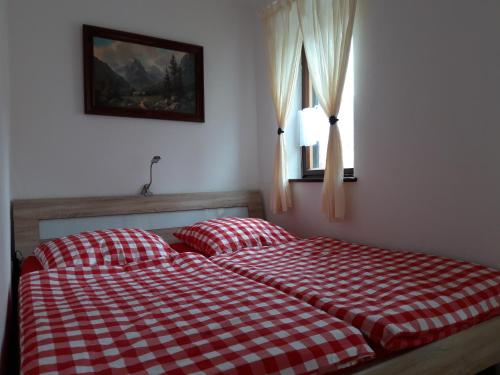 two beds in a bedroom with a red and white checkered blanket at Ferienwohnung Jahns Hof in Rudolstadt