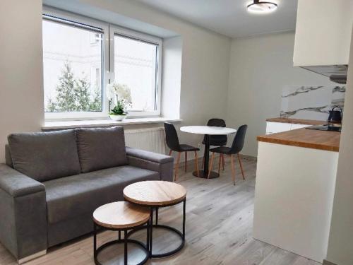 a living room with a couch and tables and a kitchen at Apartamenty Radom Klwatecka 20 in Radom
