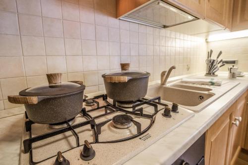 una cocina con 2 ollas en una estufa en Appartamento Blank, en Arabba
