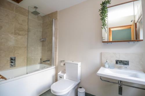 a bathroom with a toilet and a sink and a mirror at Camerton Hall Cottage in Workington