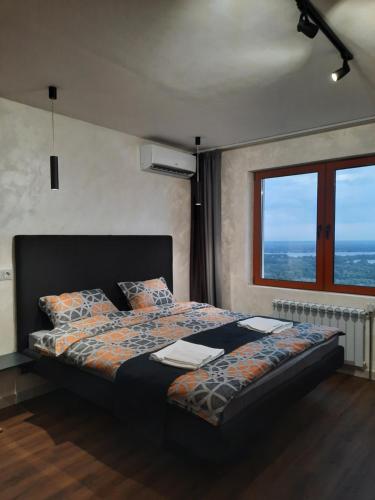 1 dormitorio con cama y ventana grande en OazisKiev Квартира з власною сауною-хамамом! en Kiev