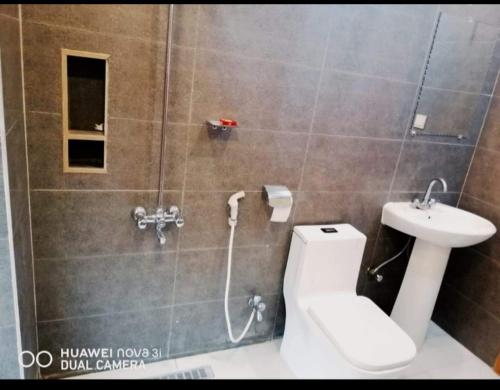 ein Bad mit einer Dusche, einem WC und einem Waschbecken in der Unterkunft Four Season Guest House in Islamabad
