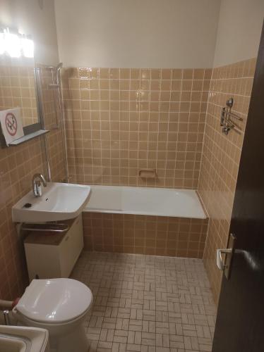 La salle de bains est pourvue d'une baignoire, de toilettes et d'un lavabo. dans l'établissement Résidence le Faucon - Col du Donon, à Grandfontaine