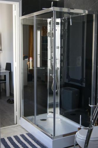 a glass shower stall in a room at appartement individuelle refais a neuf,ds maison de maître,6 couchages dont un lit kingsize,cuisine avec lave vaisselle,rue privative pour se garer, accessibilité au jardin in Le Havre