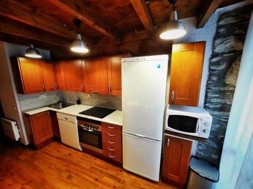 eine Küche mit einem weißen Kühlschrank und Holzschränken in der Unterkunft Apartamento Gerbille in Bourg-Madame