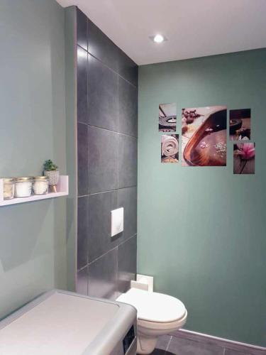 une salle de bain avec des toilettes blanches et un lavabo dans l'établissement Agréable Maison de 72m2, avec terrasse privée, à Boeil-Bezing