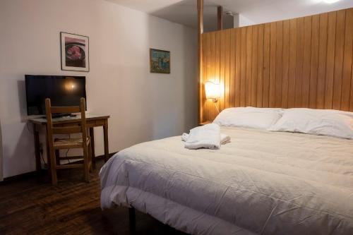 Schlafzimmer mit einem Bett, einem Schreibtisch und einem TV in der Unterkunft Hotel Hermitage in Sestriere