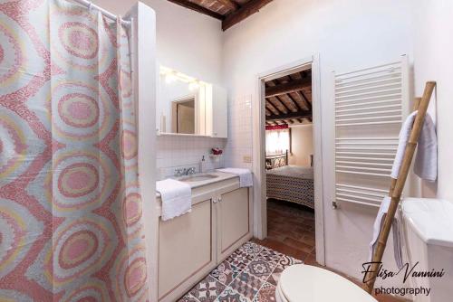 La salle de bains est pourvue de toilettes, d'un lavabo et d'une douche. dans l'établissement A Casa di Titta, à Terricciola