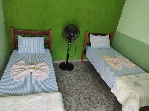 two beds in a room with green walls and a fan at Pousada Sol in Cavalcante