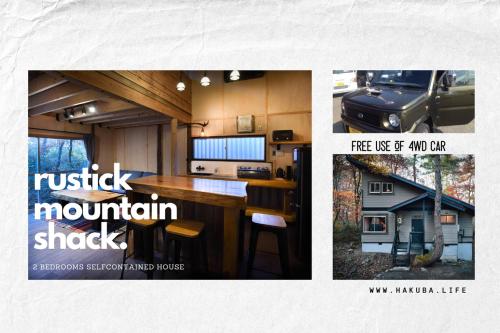 a collage of pictures of a kitchen and a house at The Shack in Hakuba