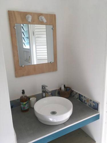 un bagno con un lavandino bianco e uno specchio di Cottage « the papaya tree » a Temae