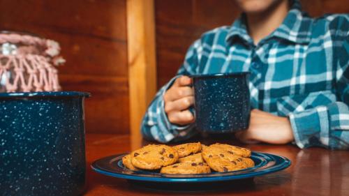 a person holding a coffee cup and a plate of cookies at Rancho Los Barriles in Acaxochitlán