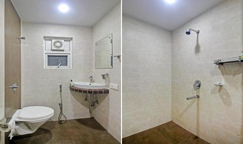 two pictures of a bathroom with a toilet and a sink at Itsy Hotels Reotel Near Rabindra Sarobar in Kolkata