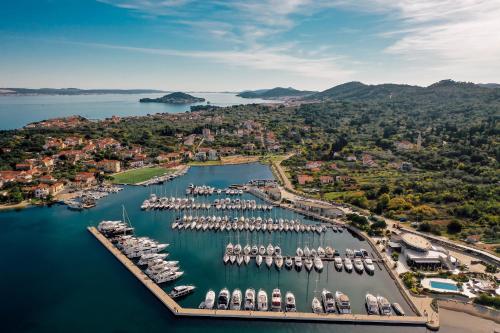 an aerial view of a harbor with boats at Villa Frida in Sutomišćica