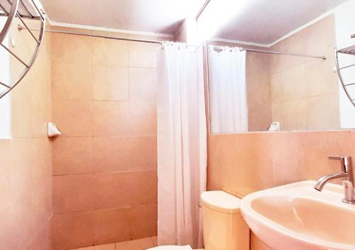 a bathroom with a shower and a toilet and a sink at Hotel Viñas del Sol Eterno in Chincha Alta