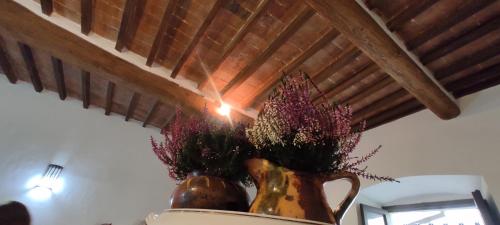 two vases with flowers in them sitting on a table at Dormire nel Castello in Pitigliano