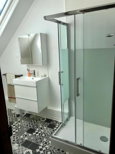 une salle de bain avec un lavabo et une douche en verre dans l'établissement La Madelon Front de mer, à Villers-sur-Mer